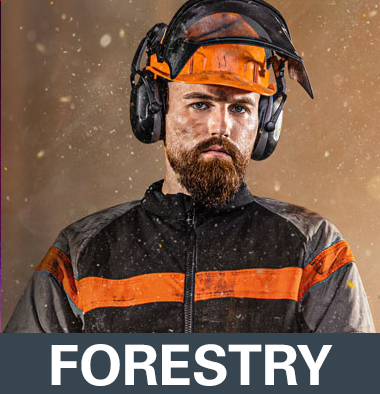 Forester with safety helmet and ear protection representing HAIX forestry boots category on a orange yellow background